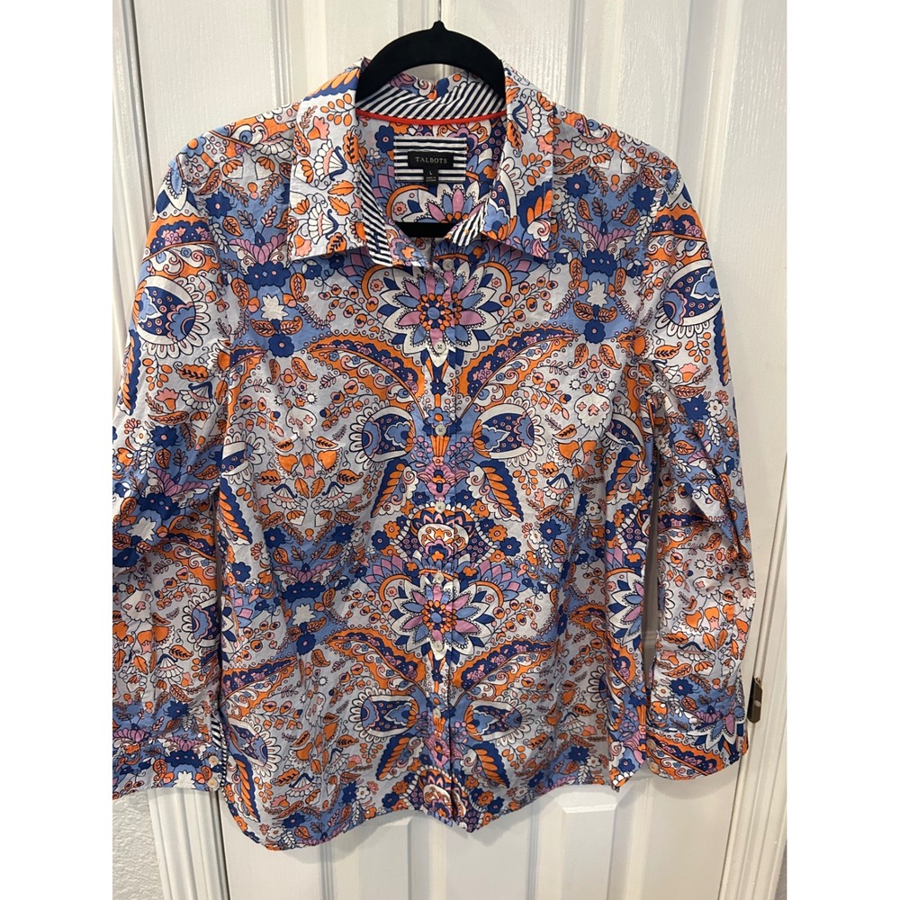 Talbots Button Down‎ Shirt Multicolor Paisley Floral Long Sleeve Cotton Blouse L